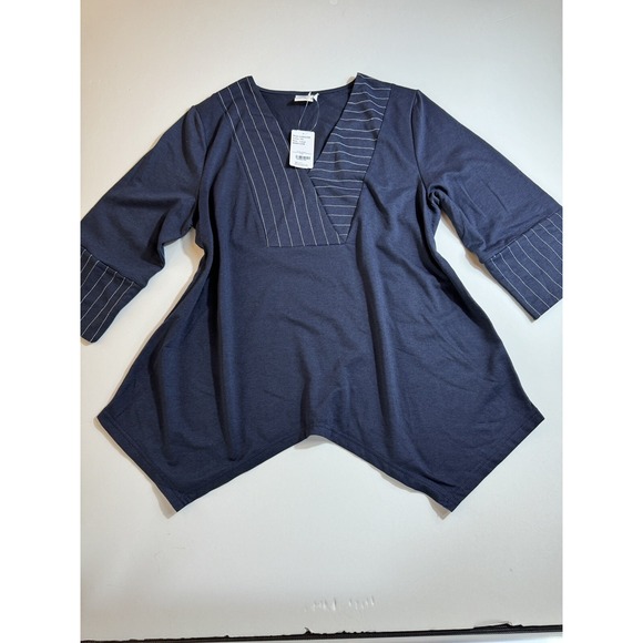 Simple by Suzanne Betro Navy Contrast Stitch Three Quarter Kimono Sleeve Tunic L - Picture 2 of 8